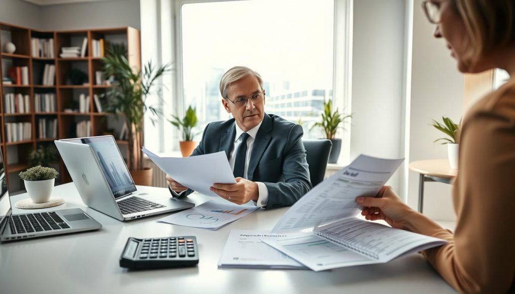 A calm and focused financial advisor seated at a modern desk in a bright, airy office, analyzing documents related to car loan payoff amounts. In the foreground, there is a calculator, a laptop displaying charts, and a stack of financial papers labeled 'Car Loan' and 'Payment Summary.' The advisor, dressed in a professional business suit, appears engaged as they explain details to a client, who is attentively listening. In the middle ground, a large window shows a cityscape, symbolizing financial growth. The background features potted plants and a bookshelf filled with financial literature, creating a serene atmosphere. Soft, natural lighting illuminates the scene, enhancing the sense of professionalism and clarity. The angle is slightly above eye level, offering a comprehensive view of the workspace and its elements.