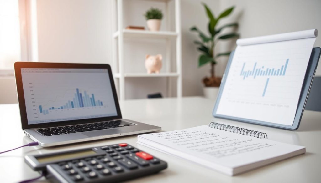 A calm and organized office environment, showcasing a clean desk with a modern laptop open and displaying financial graphs. In the foreground, there's a calculator and a notepad filled with handwritten notes about personal finances. A soft light streams in from a nearby window, creating a warm and inviting atmosphere. On the middle shelf, a neatly placed emergency fund piggy bank emphasizes the concepts of savings and financial security. In the background, a subtle hint of a green plant adds a touch of nature, symbolizing growth and stability. The image captures a professional yet relaxed mood, ideal for individuals considering their financial options.