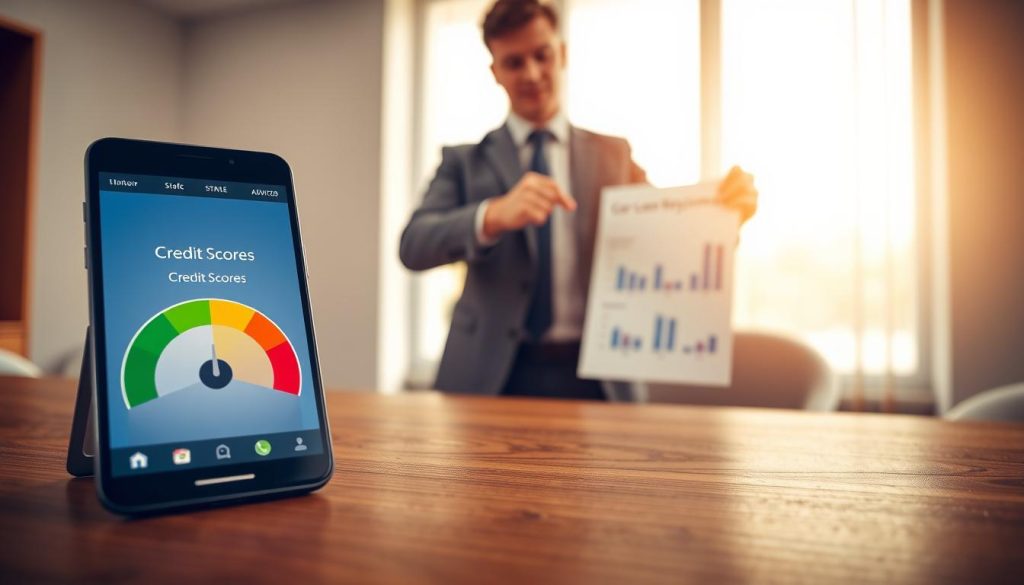 A clean, professional office setting with a wooden desk in the foreground. On the desk, a modern smartphone displays a graphical credit score meter showing a range from poor to excellent, emphasizing the importance of credit scores in loan applications. In the middle ground, a financial advisor, dressed in smart business attire, points to a document with charts and data about car loan repayments, illustrating their impact on credit scores. The background features a soft-focus image of a large window with natural light streaming in, creating a bright and optimistic atmosphere. The scene is warmly lit to evoke trust and professionalism, captured from a slightly low angle to enhance the authoritative feel of the advisor.