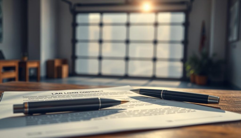A close-up depiction of a car loan contract, showcasing detailed text and legal terms visually represented on a wooden table. In the foreground, emphasize the contract with elegant pen resting next to it, hinting at financial responsibility. In the middle ground, incorporate an abstract background of a blurred garage with a non-visible car silhouette, suggesting the absence of the vehicle. Soft, natural lighting streams in from a nearby window, casting gentle shadows and creating a serious, contemplative mood. The composition focuses on the contract and professional environment, avoiding any distractions. The overall atmosphere conveys concern and the weight of financial obligations while ensuring clarity and professionalism in presentation.