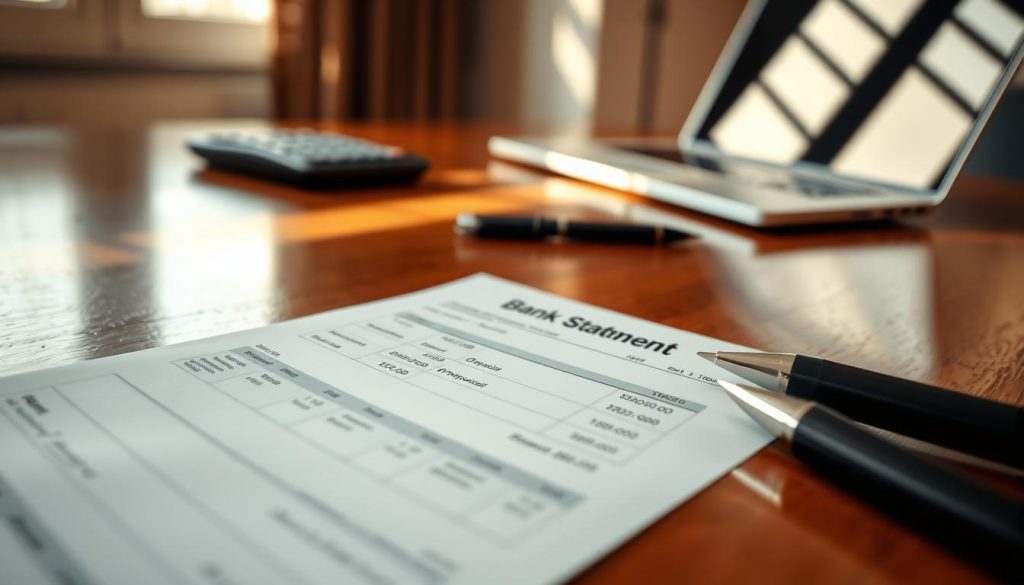 A close-up, detailed view of a bank statement, featuring clear line items and transaction details including deposits, withdrawals, and balances. The statement is placed on a polished wooden desk, with a sleek black pen beside it. Soft natural light filters in from a nearby window, casting gentle shadows and creating a warm, inviting atmosphere. In the background, there’s a blurred image of a financial calculator and a stylish laptop, suggesting a professional setting. The focus is on the bank statement, capturing its importance in financial documentation. The overall mood feels organized and efficient, evoking a sense of trust and professionalism, perfect for illustrating financial responsibility.