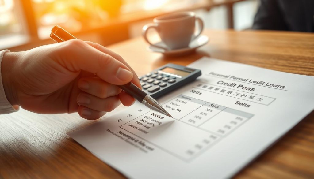 A close-up image of a financial document showing the breakdown of fees related to personal credit loans, specifically highlighting "開辦費" (setup fee). The foreground features a hand holding a pen and pointing to the fee section on the document, indicating an analysis of costs. In the middle, a calculator and a cup of coffee are placed on a wooden desk, suggesting a professional environment. The background is softly blurred, revealing hints of a modern office space, with warm lighting creating an inviting atmosphere. The scene should have a calm and focused mood, reflecting the serious nature of financial discussions. Ensure all elements evoke clarity and professionalism.