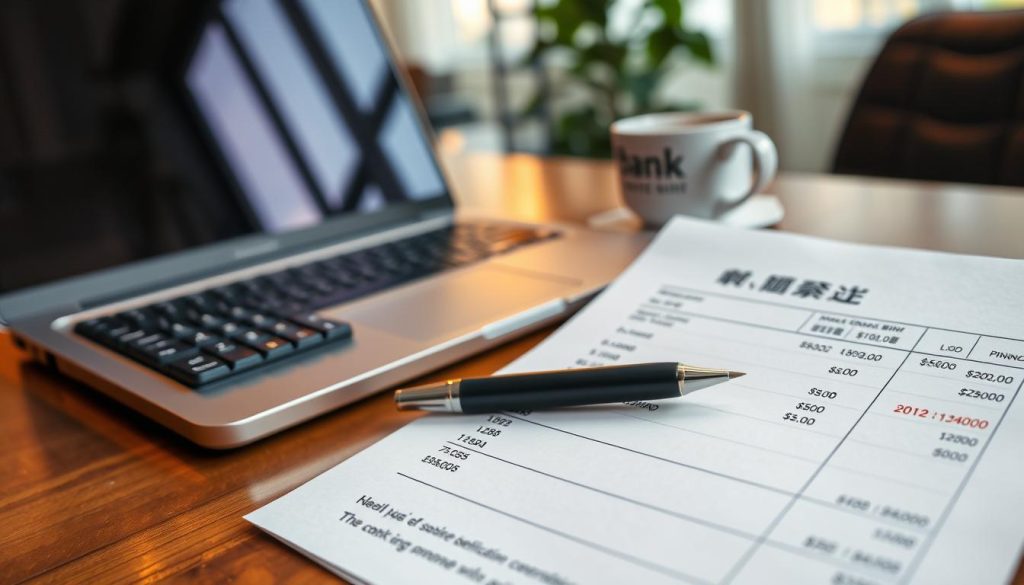 A close-up of a detailed bank statement, or "存摺明細," displayed on a wooden desk. The foreground captures the statement, highlighting key figures and transactions, printed in an elegant font on crisp white paper. A stylish pen is placed beside the statement, hinting at financial planning. In the middle ground, a laptop is slightly open, showcasing a calculator and a coffee cup, suggesting a serious yet productive atmosphere. The background features a softly blurred office environment with warm, ambient lighting, creating a sense of professionalism and focus. The overall mood is serious and contemplative, ideal for depicting financial responsibility and income verification methods.