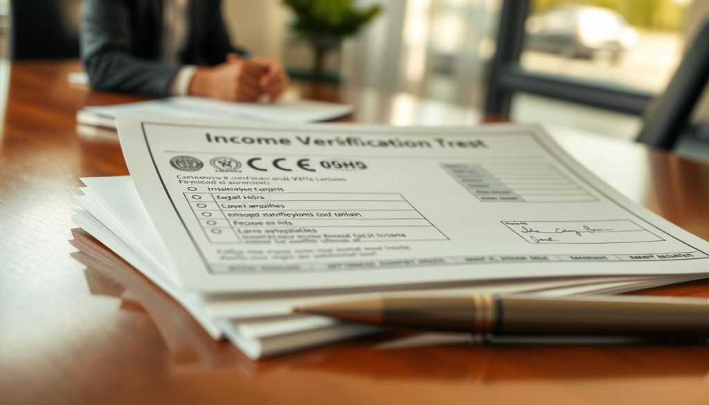 A close-up of a detailed income verification document featuring official logos, signatures, and a watermark, placed on a polished wooden desk. In the foreground, a neatly organized stack of documents can be seen, with a pen elegantly positioned beside them. The background includes a blurred scene of an office environment, hinting at financial discussions, with soft natural light streaming in through a window, casting gentle shadows. The overall mood is professional and serious, reflecting the importance of financial documentation. The image is devoid of any text or distractions, ensuring that the focus remains solely on the income verification document and its context within a sophisticated financial setting.