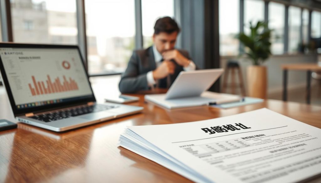 A close-up of a financial document labeled "財力證明" resting on a polished wooden desk in a professional office setting. In the foreground, a neatly stacked pile of personalized financial statements and a laptop displaying charts and figures. The middle ground features a soft-focus of a businessman in professional attire, examining the documents thoughtfully. In the background, a modern office environment with minimalistic decor, large windows allowing natural light to flood the room, creating a warm, inviting atmosphere. The scene evokes a sense of diligence and preparation, suggesting the importance of financial assessment before renegotiating terms. The lighting is bright but soft, enhancing the professionalism of the setting.