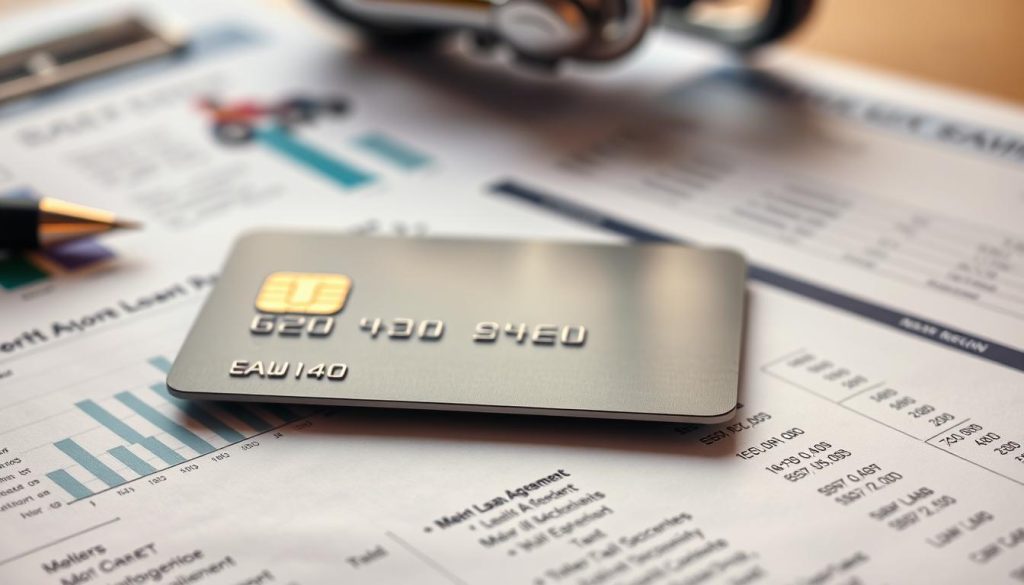 A close-up of a modern credit card, prominently displaying its chip and sleek design, placed on a financial document with graphs and calculations related to installments. In the background, blurred images of a car loan agreement and a motorcycle loan document can be seen, hinting at various loans under consideration. The lighting is soft and warm, creating a professional and inviting atmosphere, while the focus is clear on the credit card and paperwork. The composition conveys a sense of financial planning and decision-making, with an emphasis on responsibility and clarity in personal finance.