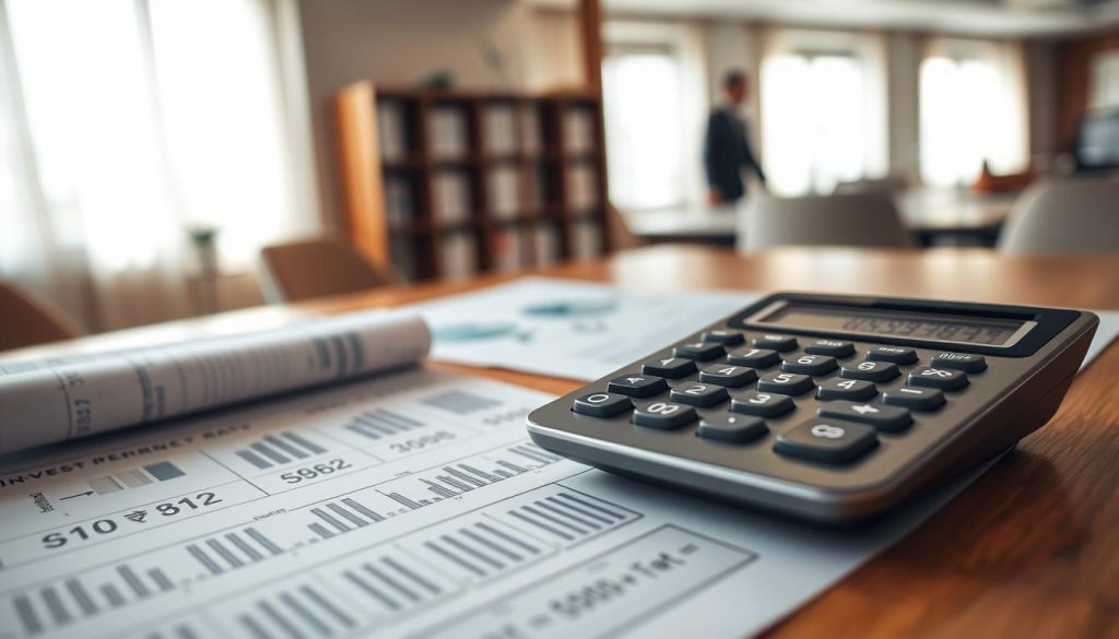 A close-up of a professional setting where a calculator and financial documents are displayed prominently on a sleek wooden desk, symbolizing interest calculations. In the foreground, there are detailed, neatly arranged papers with charts and graphs illustrating different interest rates and repayment structures. The middle ground features a financial calculator with numbers being input, showing the equation for calculating interest. In the background, a softly blurred office with natural light streaming through a window, creating a warm and focused atmosphere. The overall mood is serious and professional, emphasizing the importance of understanding interest rates and repayment methods. The lighting is bright yet soft, highlighting the documents and calculator without harsh shadows. A close-up of a professional setting where a calculator and financial documents are displayed prominently on a sleek wooden desk, symbolizing interest calculations. In the foreground, there are detailed, neatly arranged papers with charts and graphs illustrating different interest rates and repayment structures. The middle ground features a financial calculator with numbers being input, showing the equation for calculating interest. In the background, a softly blurred office with natural light streaming through a window, creating a warm and focused atmosphere. The overall mood is serious and professional, emphasizing the importance of understanding interest rates and repayment methods. The lighting is bright yet soft, highlighting the documents and calculator without harsh shadows.