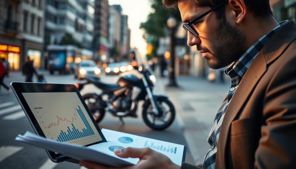 A close-up of a thoughtful business professional analyzing financial documents, with a stylish open laptop displaying graphs and data about motorcycle loans in the foreground. In the middle ground, a motorcycle parked on a street, representing the subject of the loans, with a background of a bustling urban environment reflecting opportunity and urgency. The scene is illuminated by soft, natural light during the early evening, casting gentle shadows that add depth. The angle is slightly elevated, providing a clear view of the professional's focused expression. The mood conveys a sense of urgency and determination, emphasizing the critical nature of short-term financial decisions. A close-up of a thoughtful business professional analyzing financial documents, with a stylish open laptop displaying graphs and data about motorcycle loans in the foreground. In the middle ground, a motorcycle parked on a street, representing the subject of the loans, with a background of a bustling urban environment reflecting opportunity and urgency. The scene is illuminated by soft, natural light during the early evening, casting gentle shadows that add depth. The angle is slightly elevated, providing a clear view of the professional's focused expression. The mood conveys a sense of urgency and determination, emphasizing the critical nature of short-term financial decisions.