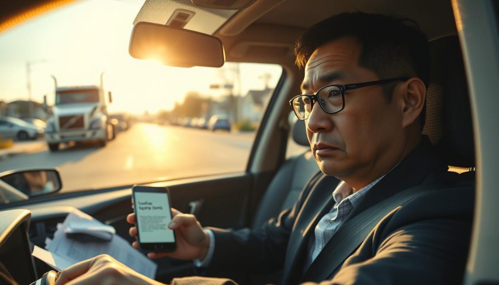 A close-up of a worried driver, a middle-aged Asian man in professional attire, sitting in his car, looking at a looming tow truck in the background. The middle of the scene shows a cluttered dashboard with overdue loan documents and a smartphone displaying a notification about late payments. The background reveals a suburban street with a clear sky and neatly lined cars, emphasizing the everyday setting. The lighting is warm and natural, capturing the sunlight reflecting off the car’s surface. The angle is slightly tilted to create a sense of urgency and tension. The mood is serious and contemplative, highlighting the driver's anxiety about the consequences of unpaid car loans and the potential risk of repossession. A close-up of a worried driver, a middle-aged Asian man in professional attire, sitting in his car, looking at a looming tow truck in the background. The middle of the scene shows a cluttered dashboard with overdue loan documents and a smartphone displaying a notification about late payments. The background reveals a suburban street with a clear sky and neatly lined cars, emphasizing the everyday setting. The lighting is warm and natural, capturing the sunlight reflecting off the car’s surface. The angle is slightly tilted to create a sense of urgency and tension. The mood is serious and contemplative, highlighting the driver's anxiety about the consequences of unpaid car loans and the potential risk of repossession.