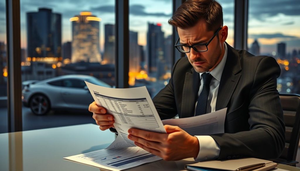 A close-up of a worried entrepreneur examining a car loan document at a modern desk, dressed in a smart business attire. In the foreground, focus on the paperwork with visible charts showing risks and financial stress indicators. The middle ground features a sleek car parked outside the office window, symbolizing the loan's purpose. In the background, a panoramic city view at dusk, with commercial buildings illuminated, creates an atmosphere of business opportunity and tension. Soft lighting casts dramatic shadows, emphasizing the entrepreneur's expression of concern. The overall mood should reflect the weight of financial decisions, blending hope and anxiety in a professional setting.