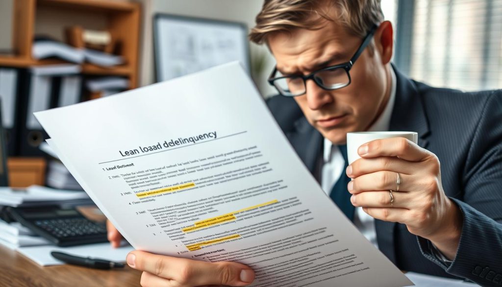 A close-up scene depicting a worried office worker reviewing a financial document related to loan delinquency. In the foreground, the worker, dressed in a professional business attire, focuses intently on a contract with highlighted sections. The middle ground includes a calculator and a cup of coffee, symbolizing the stress of calculating late fees and interest rates. In the background, a blurred office setting with files and paperwork creates an atmosphere of urgency and concern. Soft, natural lighting highlights the worker's expression of anxiety, conveying the seriousness of loan default and its implications. The overall mood is tense yet professional, illustrating the financial consequences of missing a loan payment.