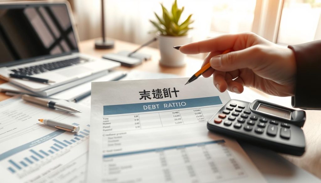 A close-up shot of a financial report with a highlighted section showing the “負債比” (debt ratio) prominently featured, surrounded by various financial documents and a calculator. In the foreground, a hand in professional attire is holding a pen, pointing at the debt ratio. The background is softly blurred, revealing a desk with a laptop and a potted plant, creating a calm office atmosphere. The lighting is warm and natural, filtering through a window to enhance focus on the documents. The overall mood is serious and professional, reflecting the weight of financial decisions, encouraging contemplation about personal finances. The image should be clear and well-composed, ideal for illustrating the concept of debt ratio in financial discussions.