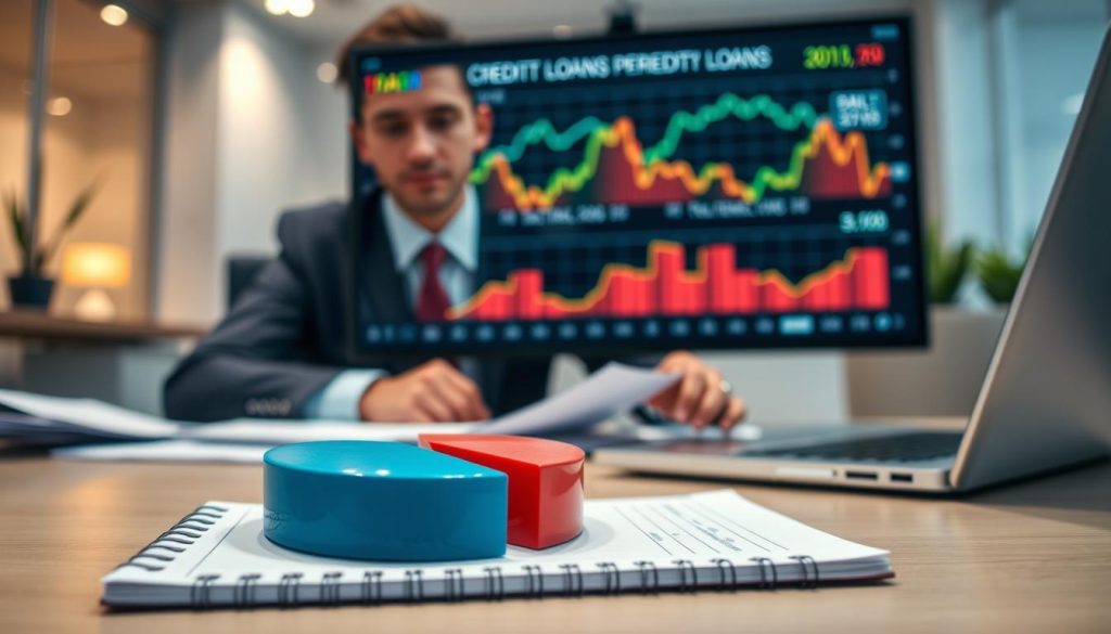 A close-up shot of a professional office environment, showcasing a focused individual in business attire seated at a desk surrounded by financial documents and a laptop. In the foreground, a pie chart depicting credit inquiries sits on a notepad, symbolizing the concept of multiple credit checks. In the middle ground, a digital screen displays fluctuating graphs and data points related to personal loans, illustrating the impact of frequent inquiries on credit scores. The background features a modern office with soft, ambient lighting. The atmosphere conveys a sense of urgency and professionalism, reflecting the complexity of personal finance management in the context of multiple short-term credit queries.