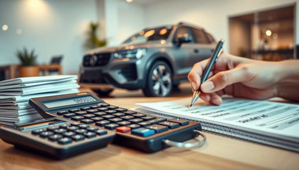 A close-up view of a calculator displaying monthly car loan payments alongside neatly stacked financial documents and a smartphone showing a budget app. In the foreground, an elegant hand is writing down figures on a notebook, symbolizing careful financial planning. In the middle, a rugged but stylish car is parked, representing the loan product itself. The background features a modern office setting with soft, ambient lighting, creating a calm and professional atmosphere. The scene conveys a sense of financial responsibility and planning, with warm tones enhancing the reassuring mood. Use a slight overhead angle to capture the details prominently while maintaining focus on the financial aspects. A close-up view of a calculator displaying monthly car loan payments alongside neatly stacked financial documents and a smartphone showing a budget app. In the foreground, an elegant hand is writing down figures on a notebook, symbolizing careful financial planning. In the middle, a rugged but stylish car is parked, representing the loan product itself. The background features a modern office setting with soft, ambient lighting, creating a calm and professional atmosphere. The scene conveys a sense of financial responsibility and planning, with warm tones enhancing the reassuring mood. Use a slight overhead angle to capture the details prominently while maintaining focus on the financial aspects.