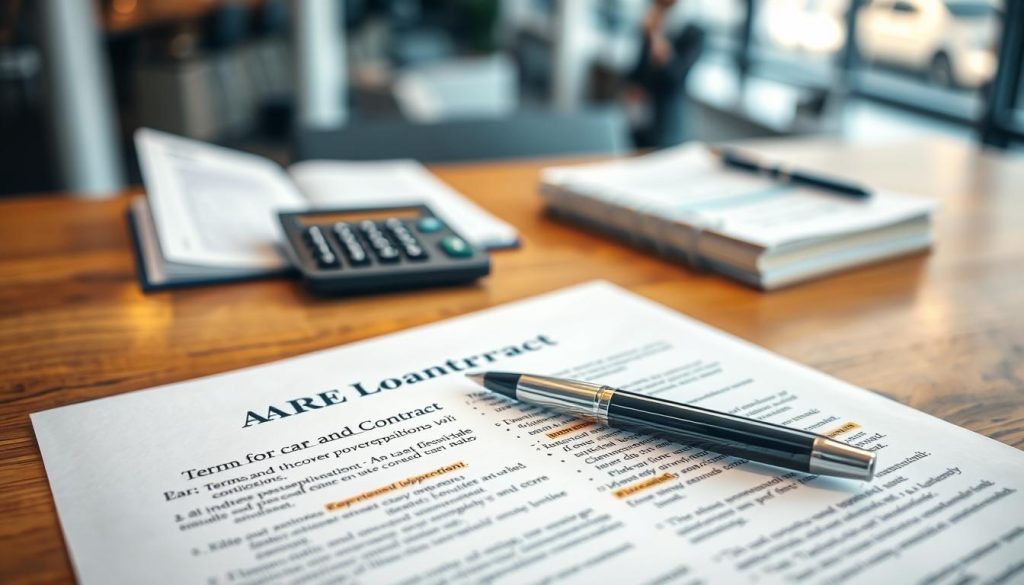 A close-up view of a car loan contract displayed on a wooden desk, emphasizing key terms and conditions with highlighted sections. The foreground should feature an elegantly typed document, slightly crumpled, with a pen resting on top. In the middle, there should be a calculator and a financial planner notebook open, integrating a sense of financial responsibility. The background can include a blurred image of a modern office environment with soft, warm lighting to create a professional yet inviting atmosphere. The overall mood should convey seriousness and clarity, perfect for understanding the complexities of a car loan agreement. Ensure no visible text or captions on the image.