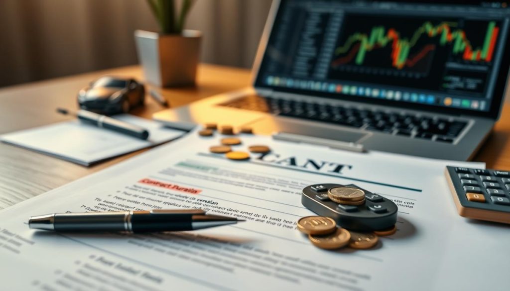 A close-up view of a car loan contract displayed prominently on a sleek wooden desk. In the foreground, the contract has key terms highlighted in bright colors, such as "Contract Duration," "Interest Rate," and "Penalty Fees," surrounded by a stylish pen and a calculator. In the middle, softly blurred coins and a small car model to symbolize the loan's purpose, while a laptop screen in the background shows a financial spreadsheet with graphs and numbers. The ambiance is professional and focused, with warm lighting casting gentle shadows, creating an inviting yet serious mood for financial decision-making. Use a shallow depth of field to emphasize the contract while softly blurring the background elements.