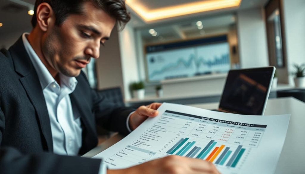 A close-up view of a credit score report on a desk, featuring graphs and numerical ratings to highlight financial evaluations. In the foreground, a professional-looking individual in business attire analyzes the report, with a focused expression. The middle ground showcases an elegant office environment, with financial charts and a laptop open, emphasizing the banking process. The background includes a soft-focus view of a bank office, with muted lighting that conveys a serious atmosphere. The scene is captured using a shallow depth of field to draw attention to the report and the individual, evoking a mood of professionalism and diligence in financial assessments. A close-up view of a credit score report on a desk, featuring graphs and numerical ratings to highlight financial evaluations. In the foreground, a professional-looking individual in business attire analyzes the report, with a focused expression. The middle ground showcases an elegant office environment, with financial charts and a laptop open, emphasizing the banking process. The background includes a soft-focus view of a bank office, with muted lighting that conveys a serious atmosphere. The scene is captured using a shallow depth of field to draw attention to the report and the individual, evoking a mood of professionalism and diligence in financial assessments.