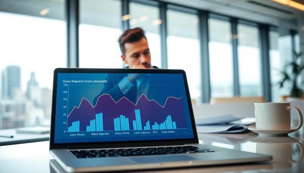A close-up view of a digital graph displaying the concept of "query frequency" in personal credit applications. In the foreground, a sleek laptop with graphs illuminating the screen, showcasing varying loan inquiry statistics. The middle layer includes a professional individual, dressed in business attire, thoughtfully analyzing the data, with a concentrated expression. The background features a modern office setting filled with soft, ambient lighting, a large window showing a skyline, and a clean desk with financial documents and a cup of coffee. The overall mood is one of focus and strategic planning, highlighting financial awareness and responsible credit management.
