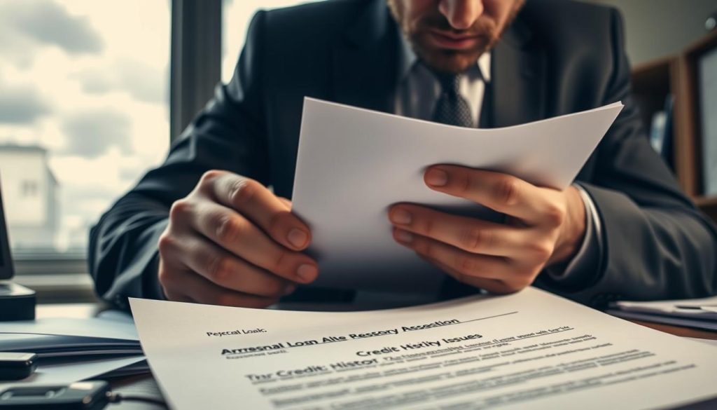 A close-up view of a distressed individual sitting at a desk cluttered with paperwork and a rejection letter from a bank regarding a personal loan application. The person, dressed in a smart business suit, shows visible anxiety and concern, their hands clutching the letter. In the background, a window reveals a cloudy sky, casting a somber light through the office space. Soft ambient lighting enhances the mood, emphasizing feelings of disappointment and financial stress. A subtle focus on the rejection letter highlights phrases like "Credit History Issues," which are visible but not readable. This scene conveys the weight of poor credit records, alluding to the broader topic of financial challenges without excessive detail.