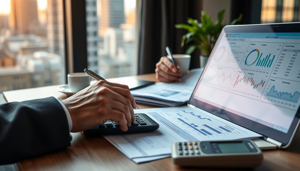 A close-up view of a financial analyst's workspace, focusing on a sleek laptop displaying detailed cash flow diagrams and spreadsheets, surrounded by documents and a calculator. In the foreground, a professional business person, dressed in a smart suit, is intently analyzing data while jotting down notes on a notepad. The mid-background features an organized desk with a coffee cup and a plant, contributing to a productive atmosphere. Soft, warm lighting illuminates the scene, suggesting a late afternoon setting. In the background, a window reveals a blurred cityscape, hinting at a busy financial district, creating an ambiance of professionalism and focus on financial health and cash flow.