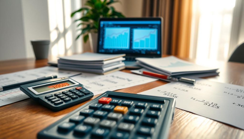 A close-up view of a financial calculator sitting on a wooden desk, surrounded by financial documents, spreadsheets, and a laptop displaying graphs about interest rates. In the foreground, the calculator's screen shows calculations related to loan interest rates in vibrant colors. The middle-ground features a neatly arranged stack of papers with various interest rate formulas illustrated clearly. The background includes a soft-lit window with sunlight filtering through, casting gentle shadows, creating a warm, professional atmosphere. A potted plant is positioned subtly in one corner to add a touch of greenery. The overall mood is focused and analytical, conveying the importance of understanding interest rate calculations in a professional context.