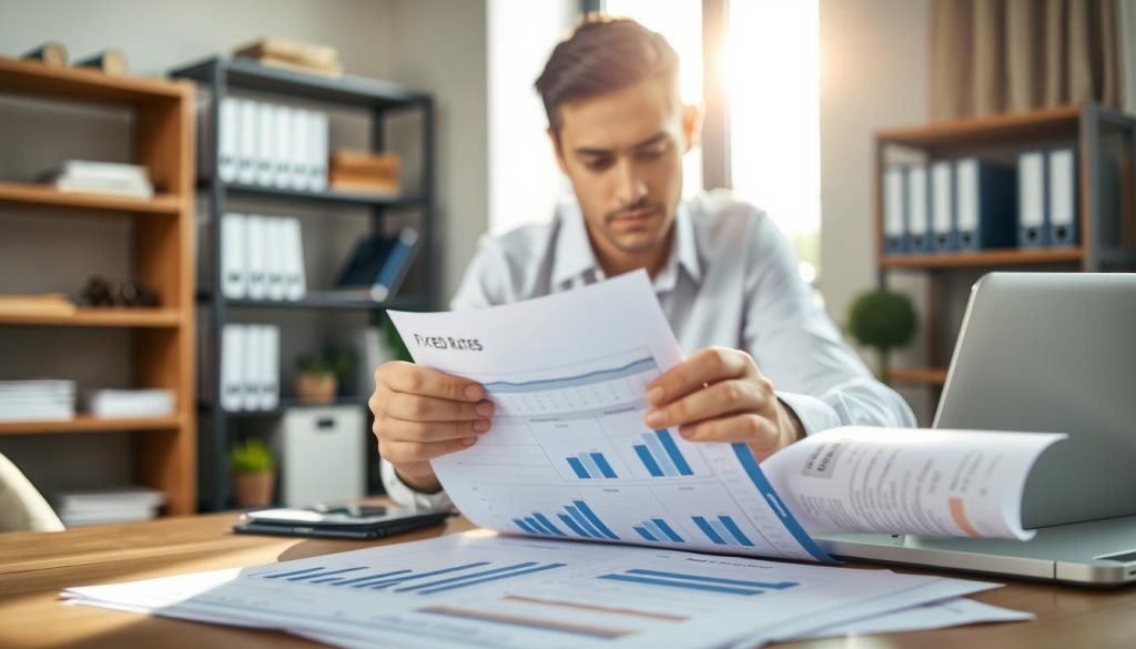 A close-up view of a financial professional analyzing fixed interest rate loan documents in a modern office setting. In the foreground, neatly arranged papers with charts and graphs illustrating fixed rates and savings potential. The middle ground features a focused individual, dressed in professional attire, studying the documents intently, with a thoughtful expression. In the background, a shelf filled with financial books and a sleek desk with a laptop, adding depth to the scene. Soft, natural light filters through a nearby window, creating a bright and inviting atmosphere. The mood conveys a sense of clarity and understanding, emphasizing the concept of fixed interest rates as a stable financial choice.