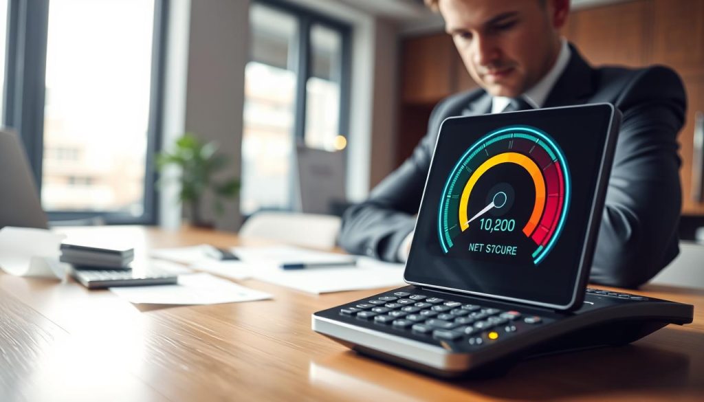 A close-up view of a futuristic, digital credit score gauge displayed vividly on a sleek electronic device, situated on a polished wooden desk. In the foreground, a confident professional in business attire examines the gauge closely, their expression focused and thoughtful. In the middle ground, scattered financial documents and a sleek calculator suggest financial analysis in progress. The background reveals a softly blurred modern office environment with natural light streaming through large windows, creating a warm and inviting atmosphere. The scene is illuminated with soft, ambient lighting, accentuating the high-tech feel of the credit score display. The overall mood conveys a blend of empowerment and strategic planning, inviting viewers to reflect on the importance of credit scores in financial decisions.