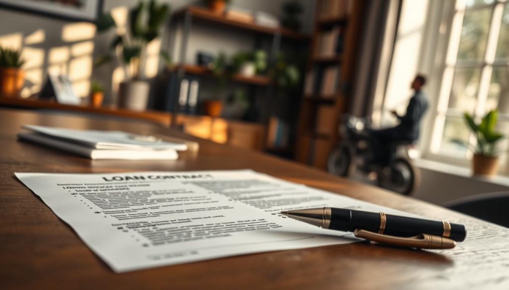 A close-up view of a motorcycle loan contract spread out on a wooden table, with a stylish pen resting beside it. The contract should feature an organized layout with clear sections describing terms and conditions. In the background, a soft focus shows a well-lit office environment with plants and books on shelves, creating a professional atmosphere. Natural light streams in through a nearby window, casting gentle shadows. The mood is serious yet hopeful, reflecting important financial decisions. Ensure any human figures are dressed in business attire, analyzing the contract thoughtfully. The image should capture the essence of careful contract evaluation without any text or distractions. A close-up view of a motorcycle loan contract spread out on a wooden table, with a stylish pen resting beside it. The contract should feature an organized layout with clear sections describing terms and conditions. In the background, a soft focus shows a well-lit office environment with plants and books on shelves, creating a professional atmosphere. Natural light streams in through a nearby window, casting gentle shadows. The mood is serious yet hopeful, reflecting important financial decisions. Ensure any human figures are dressed in business attire, analyzing the contract thoughtfully. The image should capture the essence of careful contract evaluation without any text or distractions.