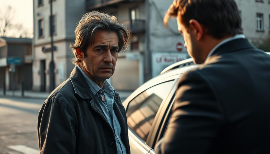 A close-up view of a worried car owner standing next to a parked vehicle on a city street, with a collection agent in professional attire inspecting the car for repossession. In the background, there are subtle signs of urban decay, like an old building and muted street signs. The lighting is soft, suggesting late afternoon, casting gentle shadows on the scene. The car owner's expression conveys anxiety and concern, while the collection agent appears stern but professional. The focus is on the tension of the moment, highlighting the emotional weight of overdue car loans and the potential for repossession. The overall mood is serious and contemplative, reflecting the gravity of the situation. A close-up view of a worried car owner standing next to a parked vehicle on a city street, with a collection agent in professional attire inspecting the car for repossession. In the background, there are subtle signs of urban decay, like an old building and muted street signs. The lighting is soft, suggesting late afternoon, casting gentle shadows on the scene. The car owner's expression conveys anxiety and concern, while the collection agent appears stern but professional. The focus is on the tension of the moment, highlighting the emotional weight of overdue car loans and the potential for repossession. The overall mood is serious and contemplative, reflecting the gravity of the situation.