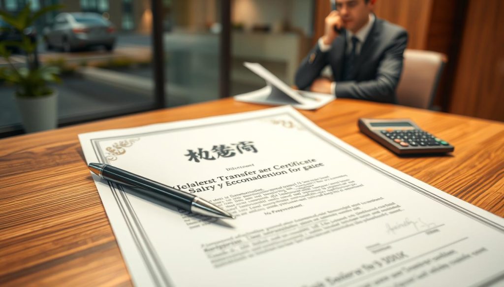 A close-up view of a "薪轉證明" (salary transfer certificate) on a sleek, modern wooden desk. The document is elegantly designed, featuring intricate borders, official logos, and the words “薪轉證明” prominently displayed at the top. Beside the certificate, there is a stylish pen and a calculator, suggesting financial deliberation. In the background, a soft-focus office environment is visible, with a hazy view of a professional in business attire discussing financial matters on the phone. The lighting is warm and inviting, highlighting the document's details, creating a serious yet hopeful mood. The composition should evoke a sense of professionalism and the importance of financial documentation.