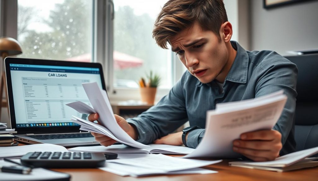 A cluttered office desk in the foreground, featuring a distressed young adult in smart casual attire, looking at a stack of unpaid bills with a worried expression. The middle ground shows a laptop displaying car loan information, accompanied by a calculator, highlighting financial distress. In the background, a window reveals a rainy day, symbolizing uncertainty and gloom. Soft, diffused lighting creates a somber atmosphere, enhancing the mood of anxiety and concern. The angle is slightly tilted, making the scene feel dynamic yet chaotic, capturing the essence of financial struggle and the importance of understanding the reasons for being unable to make car loan payments. The overall color scheme is muted, emphasizing the emotional weight of the situation.