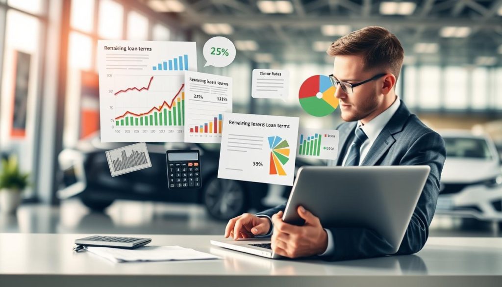 A conceptual illustration depicting the impact of remaining loan term on car financing decisions. In the foreground, a professional individual in business attire is analyzing a series of charts and graphs on a laptop, highlighting key factors such as interest rates and remaining loan periods. The middle layer features a diverse set of visual representations, including a calculator, financial documents, and a pie chart illustrating different interest rates. In the background, a blurred image of a modern car dealership to create context, symbolizing car loans. Soft, natural lighting illuminates the scene, reflecting a professional and analytical atmosphere. The angle is slightly elevated, providing a comprehensive view of the analysis in progress.
