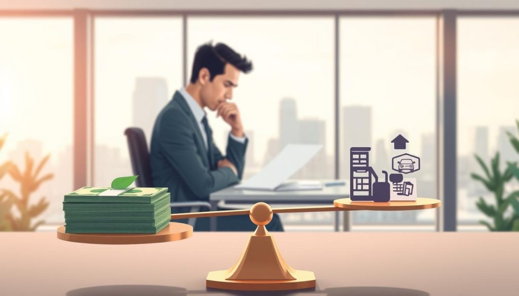 A conceptual illustration depicting the pros and cons of taking a lump sum loan. In the foreground, a balanced scale symbolizes weighing decisions, with a stack of cash on one side and various icons representing advantages (like a house, car, and financial security) on the other side, symbolizing the benefits of using the entire loan amount at once. In the middle ground, a thoughtful individual in professional attire sits at a sleek desk, analyzing documents and charts, surrounded by a modern office environment. The background features a large window overlooking a cityscape, with soft, natural lighting filtering through, creating a serene yet slightly tense atmosphere. The focus is on balance and decision-making, conveying a sense of contemplation and professionalism.