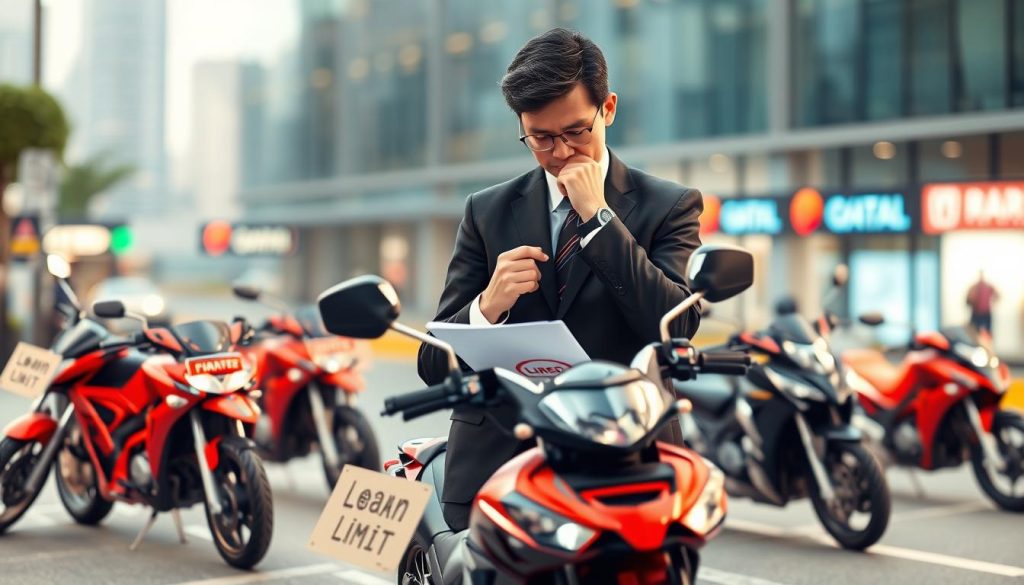 A conceptual illustration of "可貸次數限制" focusing on motorcycle financing. The foreground features a symbolic representation of limited loan opportunities, such as several motorcycles with "loan limit" signs attached, displayed in a vibrant color palette. In the middle ground, a thoughtful individual in professional attire examines a document with a calculator and a laptop open, representing the decision-making process. The background shows a blurred urban landscape with subtle hints of financial institutions, creating a context of modern finance. Use soft, ambient lighting to evoke a serious yet hopeful atmosphere. The angle should be slightly above eye level, offering a view that integrates all elements harmoniously while drawing attention to the individual’s contemplation over the motorcycle loan limits. A conceptual illustration of "可貸次數限制" focusing on motorcycle financing. The foreground features a symbolic representation of limited loan opportunities, such as several motorcycles with "loan limit" signs attached, displayed in a vibrant color palette. In the middle ground, a thoughtful individual in professional attire examines a document with a calculator and a laptop open, representing the decision-making process. The background shows a blurred urban landscape with subtle hints of financial institutions, creating a context of modern finance. Use soft, ambient lighting to evoke a serious yet hopeful atmosphere. The angle should be slightly above eye level, offering a view that integrates all elements harmoniously while drawing attention to the individual’s contemplation over the motorcycle loan limits.