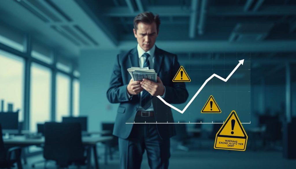 A conceptual image illustrating "二次負債風險" with a focus on the risks of personal credit debt consolidation. In the foreground, a professional individual in business attire stands anxiously, holding a stack of bills and a calculator. The middle ground features a graph with a declining trend line and warning signs symbolizing financial instability, subtly hinting at the dangers of second-tier debt. The background shows a blurred office setting with dim, overhead lighting, creating a tense atmosphere. Soft shadows emphasize the seriousness of the subject, while a cool color palette of blues and grays adds to the mood of caution and concern. The composition should evoke a sense of urgency and awareness regarding financial pitfalls.