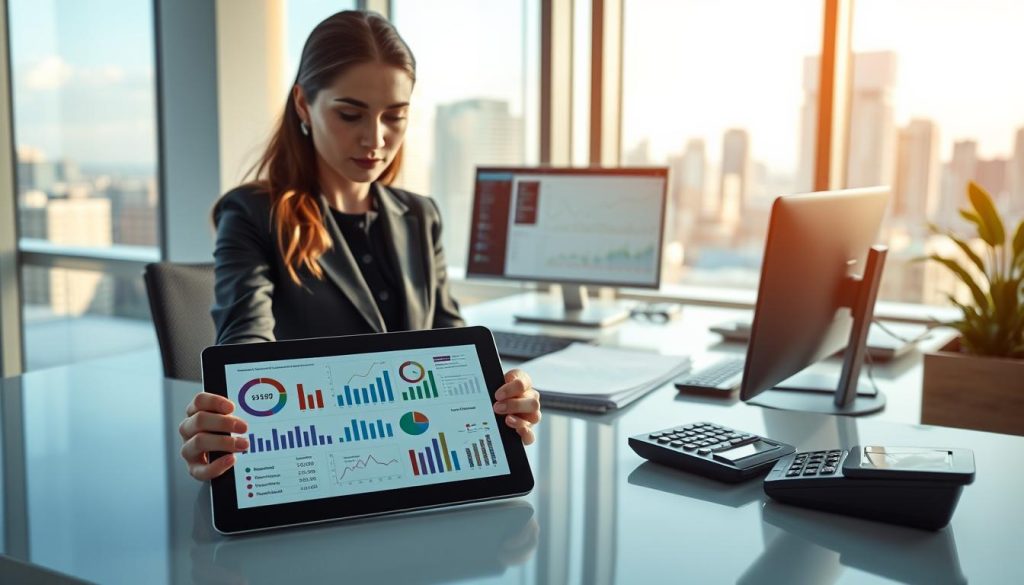A conceptual representation of credit assessment logic in banking, featuring a professional businesswoman in a modern office setting, analyzing charts and graphs on a sleek digital tablet. In the foreground, show the tablet displaying complex data visualization about credit parameters and risk assessments. In the middle, include a stylish desk with financial reports, a computer displaying a virtual dashboard, and a financial calculator. In the background, illustrate a large window with a city skyline view, providing natural light that gives a bright and optimistic atmosphere. Use soft, neutral colors, and a slight blur effect on the background to emphasize the subject's focus. The mood should be professional and analytical, conveying a sense of diligence and clarity in decision-making processes.
