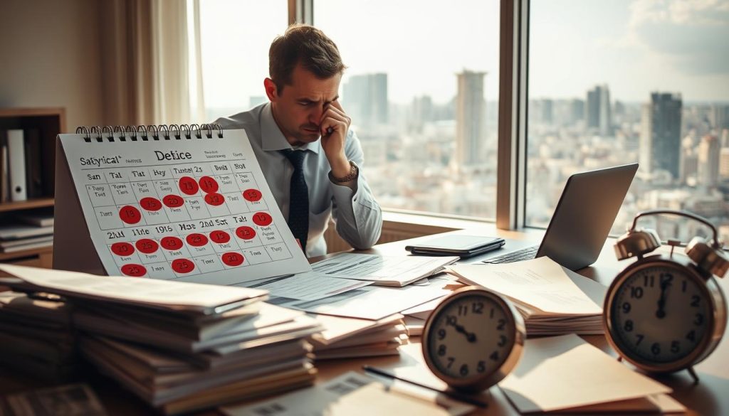 A concerned financial analyst sitting at a contemporary desk cluttered with paperwork and a laptop, deeply focused on a large calendar marked with red circles around specific dates. In the background, a window showcases a skyline view, hinting at a bustling city. Soft, diffused sunlight pours in, creating a warm and tense atmosphere. The foreground includes detailed close-ups of financial documents, stacks of bills, and a ticking clock symbolizing urgency. The analyst is dressed in professional attire, reflecting a serious demeanor. The light creates shadows that imply the weight of financial responsibilities. Aim for a realistic style, capturing the emotional gravity of overdue loans, emphasizing the personal impact on lifestyle and well-being.