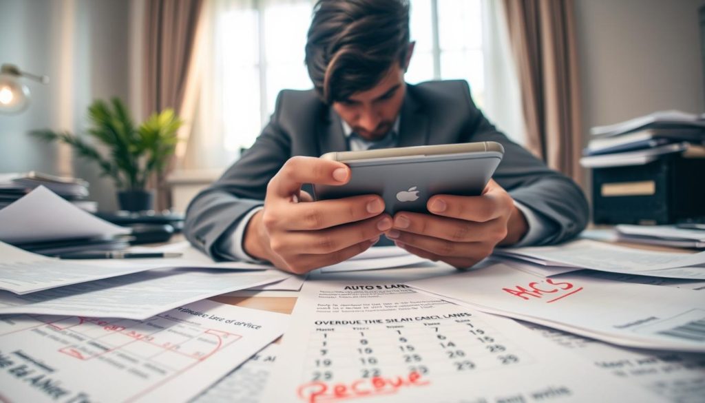 A concerned individual in a professional business attire sits at a cluttered desk, surrounded by papers related to auto loans and overdue notices, visibly stressed. In the foreground, a close-up of their hands gripping a smartphone, nervously scrolling through financial advice on social media. The middle ground features scattered documents with red ink markings and a calendar with recent dates circled. The background shows a window with soft, natural light filtering in, casting gentle shadows, portraying a sense of urgency and tension. The overall atmosphere reflects anxiety and contemplation about the consequences of overdue car payments, emphasizing the impact on personal and financial well-being. The scene is framed at an eye-level perspective, enhancing the emotional connection to the subject.