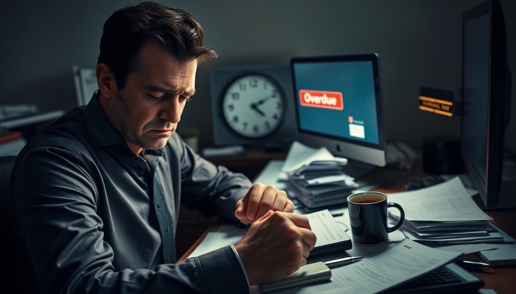 A concerned individual in professional attire, sitting at a cluttered desk in a dimly lit office, surrounded by piles of unpaid bills and a glaring computer screen showing a red "overdue" notice. The foreground features close-ups of a stressed expression on the person's face, with furrowed brows and hands gripping the desk tightly. In the middle, the desk is littered with financial documents, a calculator, and a half-drunk cup of coffee, symbolizing anxiety and urgency. The background shows a shadowy, indistinct clock ticking ominously, emphasizing the passage of time. Soft, moody lighting casts dramatic shadows, creating an atmosphere of tension and uncertainty, illustrating the serious consequences of loan delinquency.