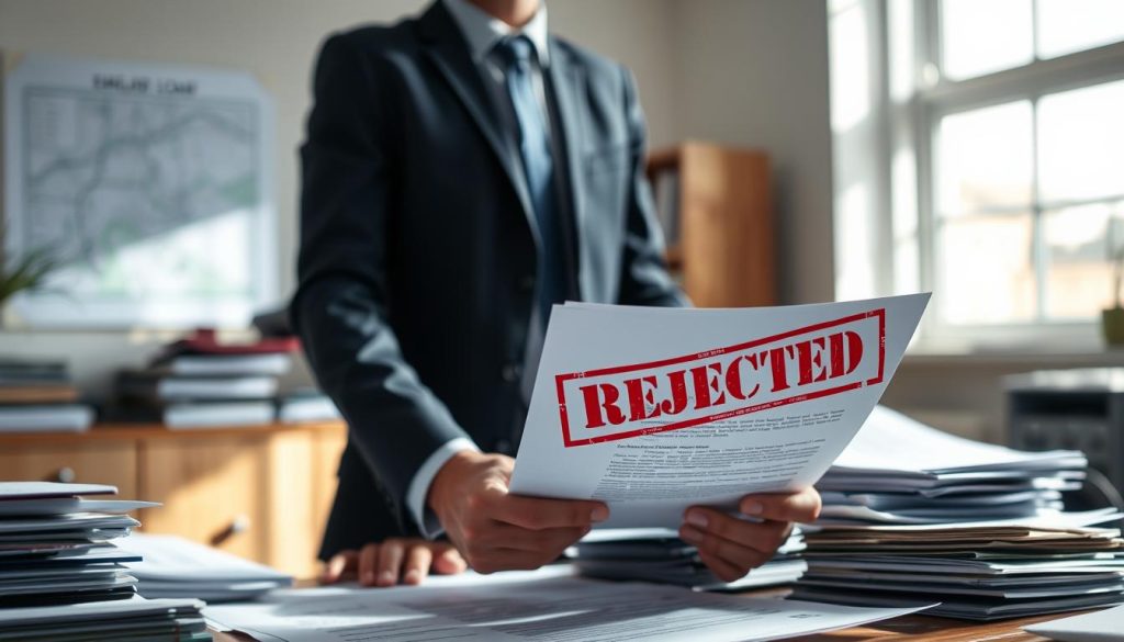 A concerned individual in professional attire stands at a desk cluttered with papers, looking intently at a document with a red "Rejected" stamp. The scene is illuminated by soft, natural light coming from a nearby window, casting gentle shadows and creating a calm yet tense atmosphere. In the background, a blurred image of a land parcel map and financial documents can be seen, signifying the context of land loans. The foreground focuses on the individual’s expression of concern as they contemplate the reasons behind the rejection. The overall composition conveys a sense of urgency and contemplation, inviting viewers to reflect on the complexities of land loan applications and potential solutions. A concerned individual in professional attire stands at a desk cluttered with papers, looking intently at a document with a red "Rejected" stamp. The scene is illuminated by soft, natural light coming from a nearby window, casting gentle shadows and creating a calm yet tense atmosphere. In the background, a blurred image of a land parcel map and financial documents can be seen, signifying the context of land loans. The foreground focuses on the individual’s expression of concern as they contemplate the reasons behind the rejection. The overall composition conveys a sense of urgency and contemplation, inviting viewers to reflect on the complexities of land loan applications and potential solutions.