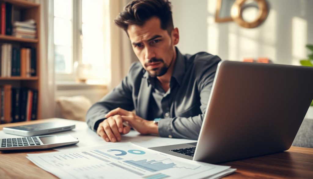 A concerned professional sitting at a desk, reviewing documents related to personal loans and mortgages. The foreground features a laptop displaying financial charts and graphs, with a calculator and a notepad filled with handwritten notes on the side. In the middle, the person's focused expression suggests apprehension about how personal credit loans may impact future mortgage approvals. The background shows a cozy office space with a bookshelf filled with finance-related books, and a window letting in soft, natural light, casting gentle shadows. The overall mood is contemplative and serious, with a warm color palette to emphasize a sense of concern and reflection on financial decisions. Use a slightly angled perspective, focusing on the subject's face and workspace.