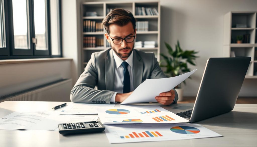A contemplative business setting depicting a professional individual analyzing various financial documents spread across a modern desk. The foreground features a calculator, a laptop, and pie charts illustrating loan interest rates, all bathed in soft, natural light streaming in from a nearby window. In the middle ground, a focused individual in professional attire examines the papers, showcasing a look of curiosity mixed with concern. The background reveals a sleek office space with bookshelves filled with finance books and a potted plant, adding a touch of warmth. The overall mood conveys introspection and critical evaluation, emphasizing the complexity of low-interest loans and their actual cost implications. A contemplative business setting depicting a professional individual analyzing various financial documents spread across a modern desk. The foreground features a calculator, a laptop, and pie charts illustrating loan interest rates, all bathed in soft, natural light streaming in from a nearby window. In the middle ground, a focused individual in professional attire examines the papers, showcasing a look of curiosity mixed with concern. The background reveals a sleek office space with bookshelves filled with finance books and a potted plant, adding a touch of warmth. The overall mood conveys introspection and critical evaluation, emphasizing the complexity of low-interest loans and their actual cost implications.
