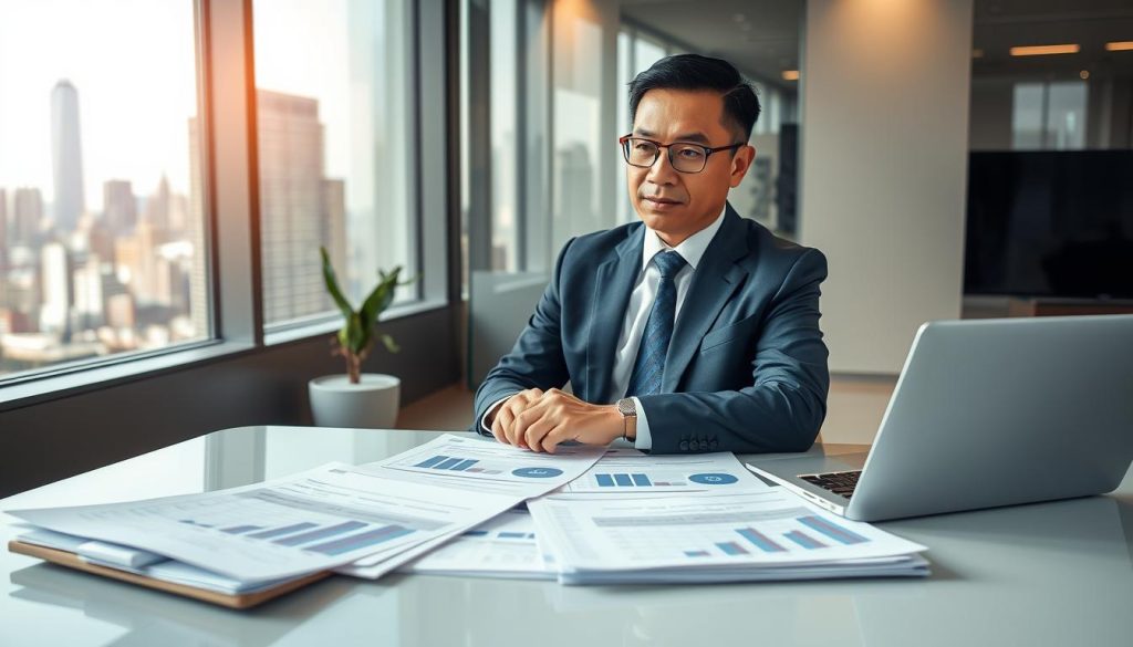 A contemporary office setting featuring a professional individual, a middle-aged Asian man in a smart business suit, sitting at a sleek, modern desk. He is reviewing multiple bank loan applications spread out before him, with a thoughtful expression. In the foreground, there are documents and a laptop displaying graphs comparing interest rates. The middle ground includes a large window revealing a bustling city skyline, symbolizing diverse financial options. The atmosphere is focused yet relaxed with soft, natural lighting streaming in from the window, casting gentle shadows. The image should convey a sense of strategy and careful planning, emphasizing the importance of thoughtful decision-making in personal financing.