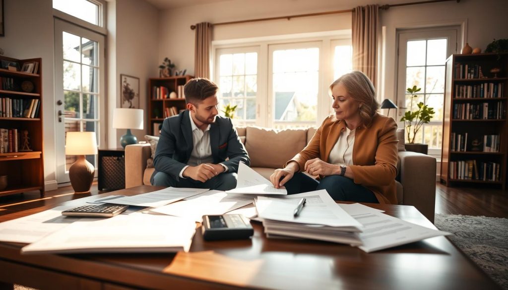 A cozy, modern family living room setting, showcasing a couple discussing financial documents related to a second mortgage. In the foreground, the couple, dressed in smart casual attire, is seated at a coffee table covered with papers, a laptop, and a calculator. The middle ground features a welcoming sofa and a bookshelf filled with books. In the background, large windows allow natural light to flood the room, creating a bright and inviting atmosphere. Soft shadows and warm tones enhance the feeling of security and optimism about financing a second home. The scene captures the essence of home ownership and financial planning, evoking a sense of hope for the couple's future. A cozy, modern family living room setting, showcasing a couple discussing financial documents related to a second mortgage. In the foreground, the couple, dressed in smart casual attire, is seated at a coffee table covered with papers, a laptop, and a calculator. The middle ground features a welcoming sofa and a bookshelf filled with books. In the background, large windows allow natural light to flood the room, creating a bright and inviting atmosphere. Soft shadows and warm tones enhance the feeling of security and optimism about financing a second home. The scene captures the essence of home ownership and financial planning, evoking a sense of hope for the couple's future.