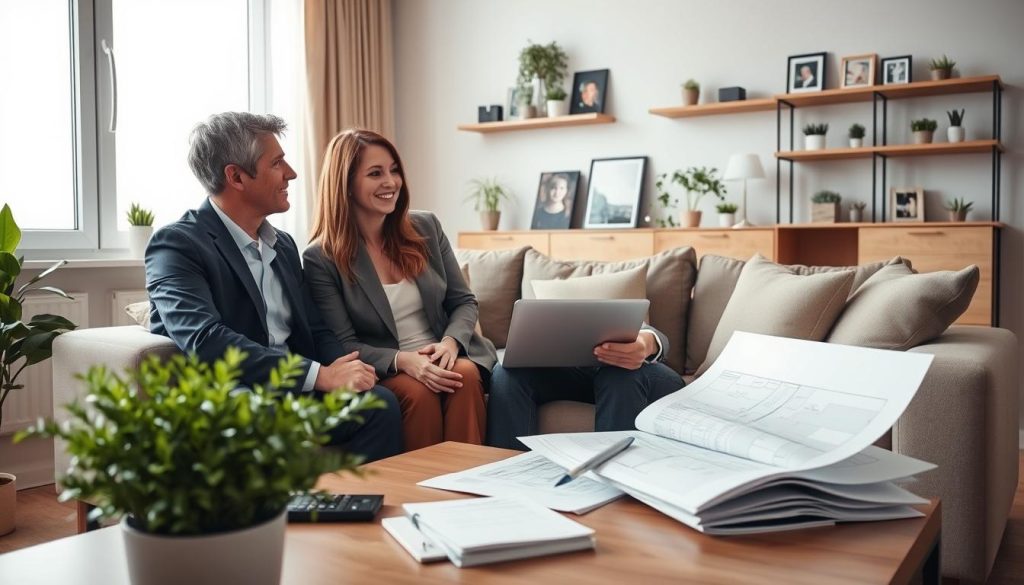 A cozy, modern living room scene depicting a couple in their mid-30s discussing financial options, surrounded by blueprints and financial documents. The couple, dressed in professional business attire, appear engaged in conversation, with a calculator and laptop on the coffee table. The foreground features a coffee table with a stack of documents, while a lush indoor plant adds warmth. In the middle, a comfortable sofa with soft pillows creates an inviting atmosphere. The background shows a bright window with natural light flooding in, illuminating shelves filled with family photos and small houseplants. The overall mood is focused yet optimistic, representing a discussion about home ownership and financial planning.