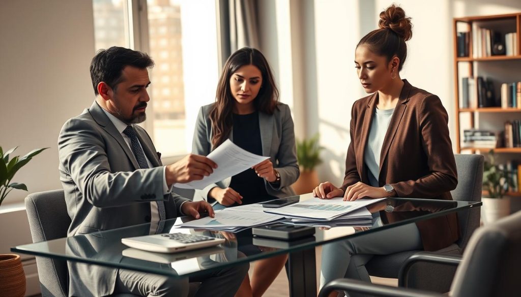 A cozy, modern office environment depicting a diverse group of professionals discussing personal loan options. In the foreground, a serious-looking man in business attire gestures while showing papers to a woman in smart casual clothing, who appears contemplative. In the middle, a clear desk with financial documents, a calculator, and a laptop reflecting charts and graphs. Soft, natural light filters through a large window, casting gentle shadows, creating a focus on the interaction. The background includes shelves filled with books on finance and an indoor plant, contributing to a calm atmosphere. The overall mood is one of collaboration and professional guidance, emphasizing the potential of personal credit loans in unstable job situations. A cozy, modern office environment depicting a diverse group of professionals discussing personal loan options. In the foreground, a serious-looking man in business attire gestures while showing papers to a woman in smart casual clothing, who appears contemplative. In the middle, a clear desk with financial documents, a calculator, and a laptop reflecting charts and graphs. Soft, natural light filters through a large window, casting gentle shadows, creating a focus on the interaction. The background includes shelves filled with books on finance and an indoor plant, contributing to a calm atmosphere. The overall mood is one of collaboration and professional guidance, emphasizing the potential of personal credit loans in unstable job situations.