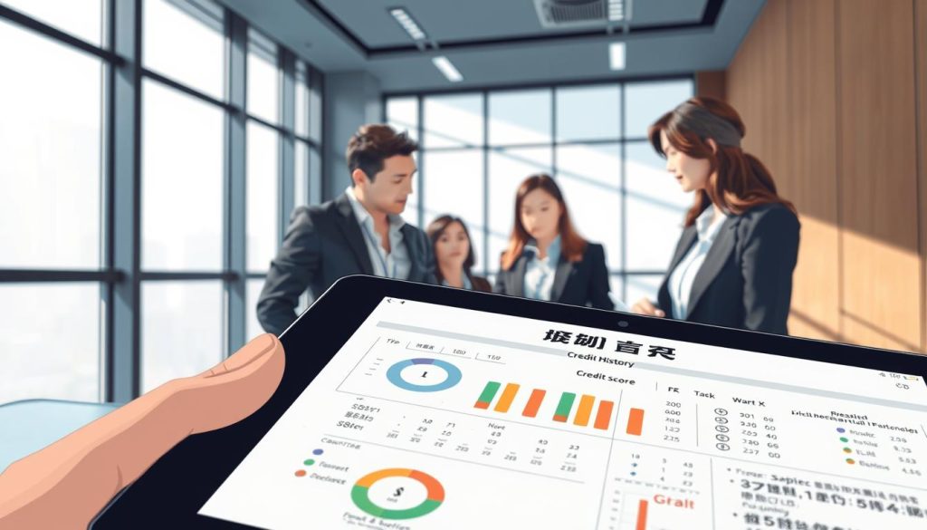 A detailed and dynamic illustration representing "信用紀錄" (credit history) in a professional context. Foreground: a close-up view of a digital tablet displaying a detailed credit score report with graphs and numbers, reflecting both positive and negative aspects. Middle: a diverse group of three professionals in business attire discussing the report, showcasing concern and focus. Background: a sleek, modern office space with large windows letting in natural light, casting soft shadows, creating an atmosphere of seriousness and contemplation. The overall mood should convey the importance of credit history in business financing, with a color palette of blues and greys to enhance professionalism and gravity. The image should be well-lit and capture the essence of diligence in managing financial responsibilities. A detailed and dynamic illustration representing "信用紀錄" (credit history) in a professional context. Foreground: a close-up view of a digital tablet displaying a detailed credit score report with graphs and numbers, reflecting both positive and negative aspects. Middle: a diverse group of three professionals in business attire discussing the report, showcasing concern and focus. Background: a sleek, modern office space with large windows letting in natural light, casting soft shadows, creating an atmosphere of seriousness and contemplation. The overall mood should convey the importance of credit history in business financing, with a color palette of blues and greys to enhance professionalism and gravity. The image should be well-lit and capture the essence of diligence in managing financial responsibilities.