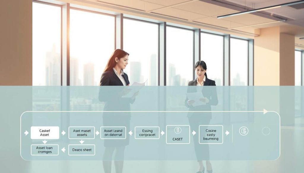 A detailed and informative illustration of a corporate loan disbursement process, showcasing a stylized flowchart in the foreground representing asset changes on the balance sheet. The flowchart should include elements like arrows, boxes indicating various assets, and icons symbolizing cash influx. In the middle layer, depict a professional office environment with business professionals discussing over documents, dressed in smart attire, showing a collaborative atmosphere. The background should include a large window revealing a cityscape, with soft, natural lighting cascading through, creating a warm and productive mood. Use a slightly elevated angle to capture the flowchart and the interaction among professionals, emphasizing clarity and organization without any text or distractions.