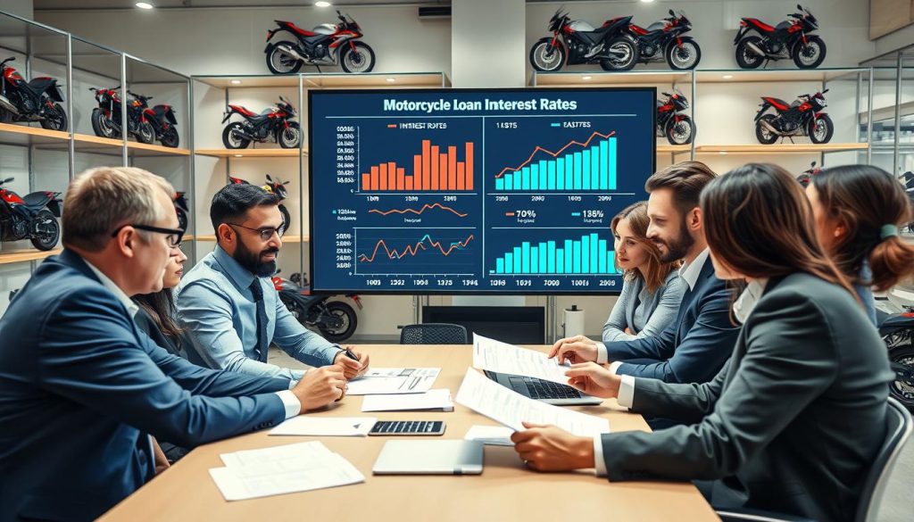 A detailed and informative image illustrating the concept of motorcycle loan interest rates. In the foreground, a diverse group of professionals, dressed in business attire, are gathered around a table, analyzing financial documents and discussing key factors affecting interest rates. In the middle ground, graphs and charts are visible on a large screen, showcasing varying interest rates with arrows and highlights emphasizing differences. The background features shelves filled with motorcycle models, symbolizing the product in question. The lighting is bright and focused, creating an energetic atmosphere that conveys professionalism and collaboration. The camera angle captures the group and the screen dynamically, emphasizing engagement and analytical discussion without any text or distractions.