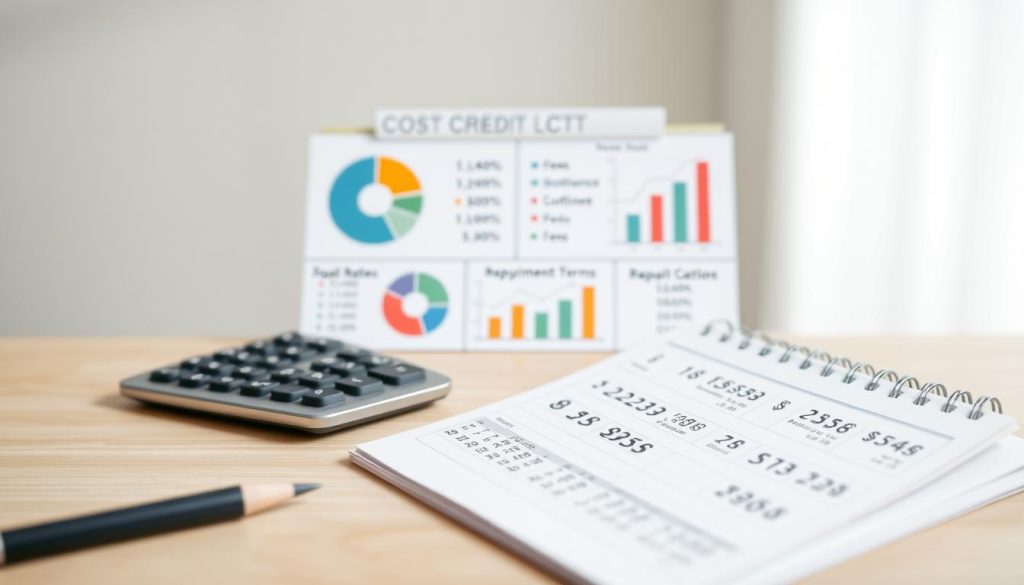 A detailed and informative infographic showcasing the cost structure of personal credit loans. In the foreground, depict a sleek calculator and a notepad filled with numbers, symbolizing financial analysis. In the middle layer, illustrate pie charts and bar graphs that represent different components of loan costs, such as interest rates, fees, and repayment terms. The background should feature a subtle gradient, blending neutral colors to maintain focus on the financial data. Use soft, diffused lighting to create an inviting atmosphere, emphasizing professionalism. No human figures are needed, ensuring clarity and concentration on the financial elements presented. A detailed and informative infographic showcasing the cost structure of personal credit loans. In the foreground, depict a sleek calculator and a notepad filled with numbers, symbolizing financial analysis. In the middle layer, illustrate pie charts and bar graphs that represent different components of loan costs, such as interest rates, fees, and repayment terms. The background should feature a subtle gradient, blending neutral colors to maintain focus on the financial data. Use soft, diffused lighting to create an inviting atmosphere, emphasizing professionalism. No human figures are needed, ensuring clarity and concentration on the financial elements presented.